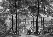 Monza, Parco Reale, incisione di C. Sanquirico raffigurante la Villa “Mirabellino nell’I. R. Parco di Monza” realizzata intorno al 1830